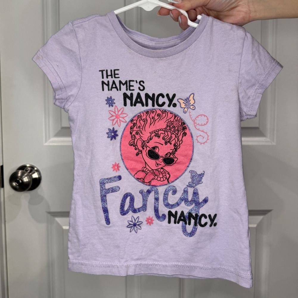 Disney Fancy Nancy Girls Purple Glitter Graphic T-Shirt Size XS 4